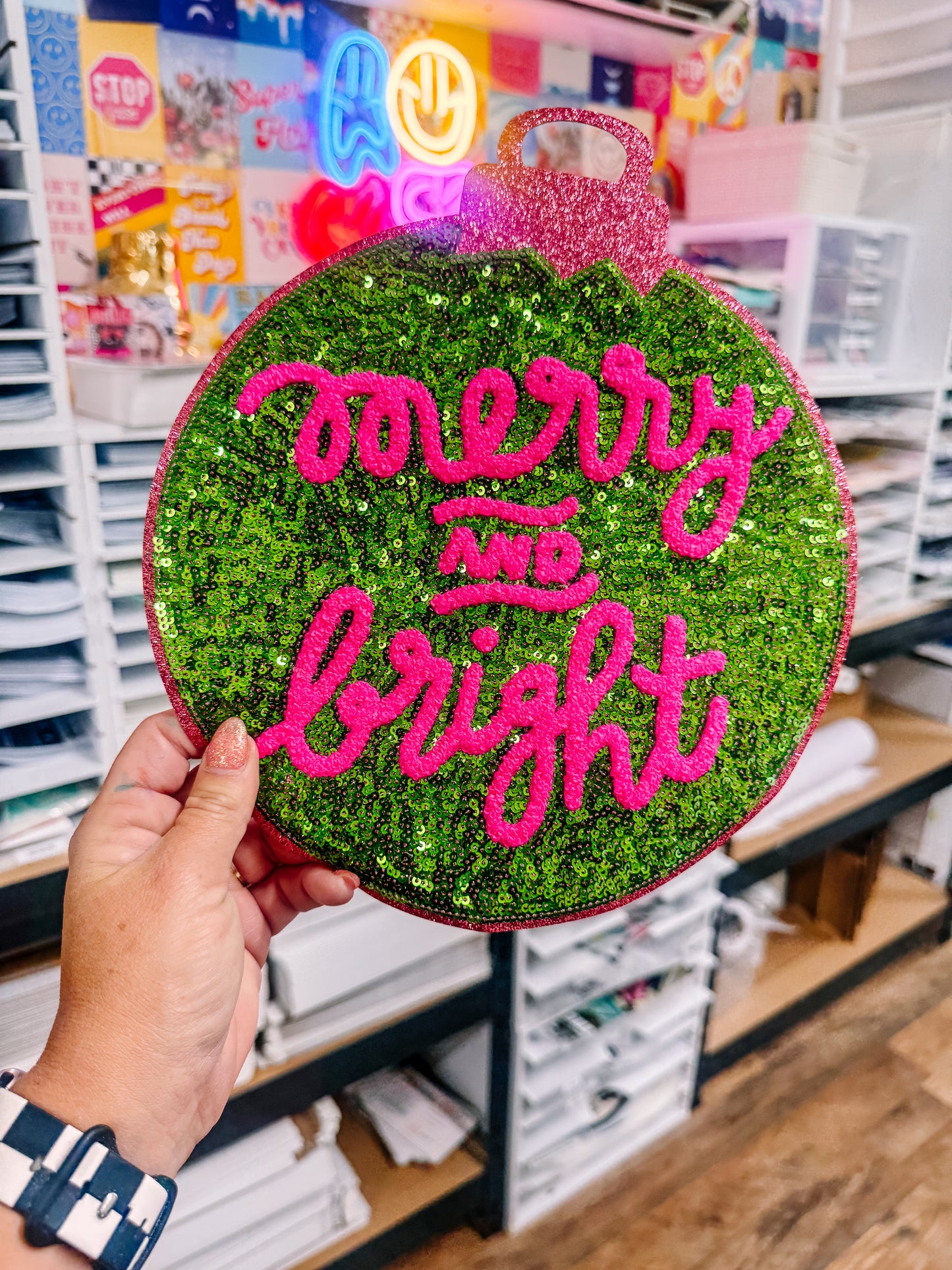 Merry & Bright Ornament Christmas Sequin Patch (Adult Size)