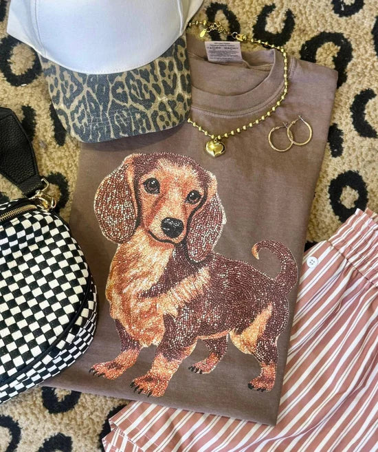 Faux Rhinestone Long Hair Dauschund DTF Transfer