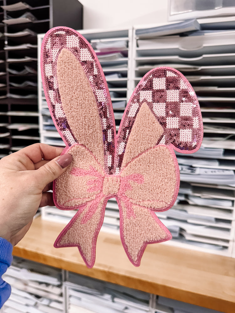 Checkered Sequin Bunny Ears Chenille Patch