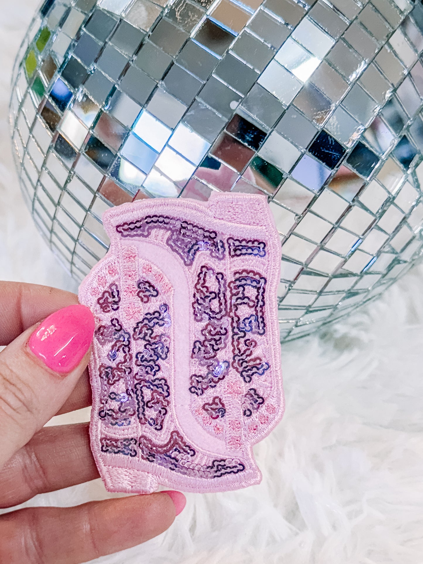 Pink Sequin Cowgirl Boots Hat/Pocket Patch