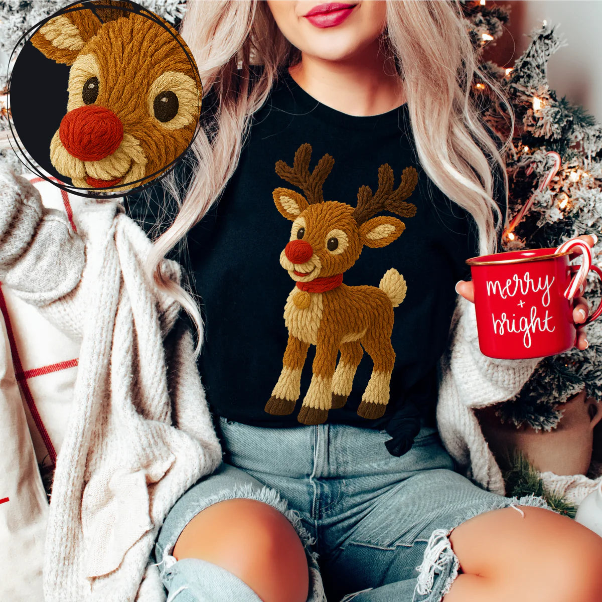 Faux Yarn Reindeer Rudolph DTF Transfer