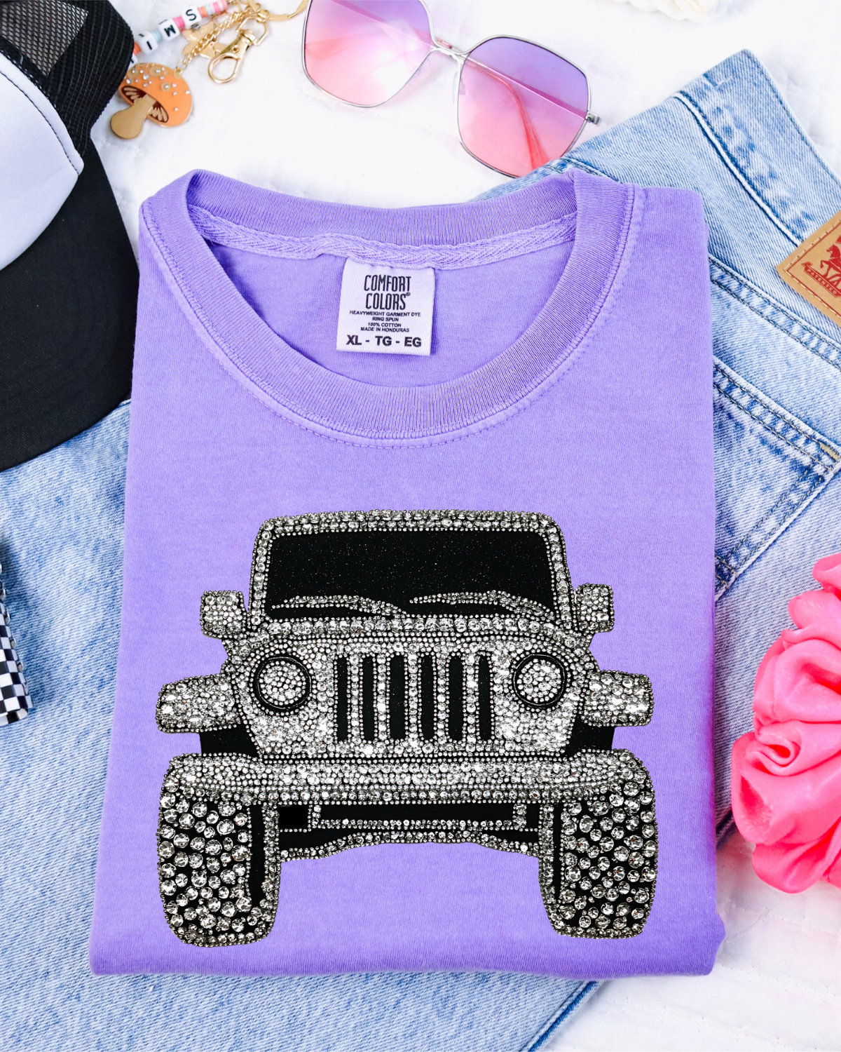 Faux Rhinestone Silver Jeep DTF Transfer