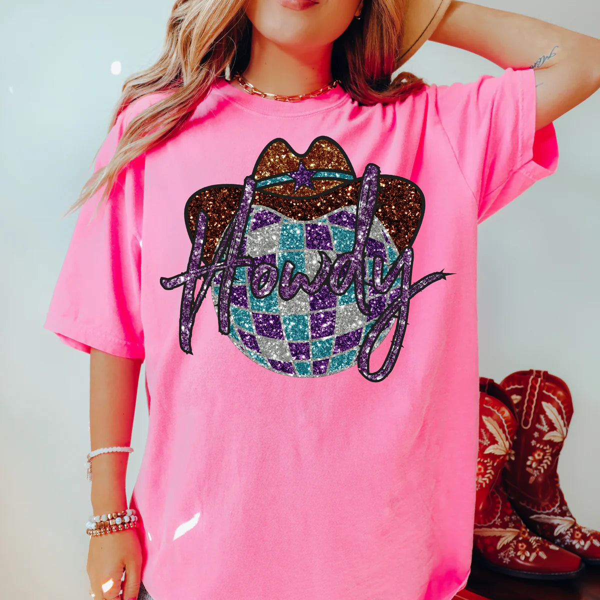 Howdy Faux Gltiter Disco Western DTF Transfer