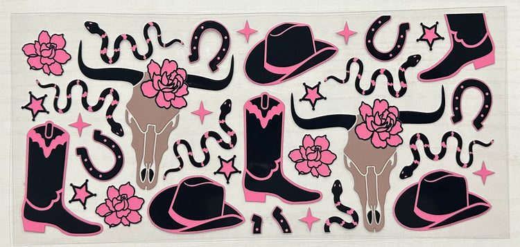 Black Pink Western Cowskull UV 16oz. Libby Glass DTF Wrap