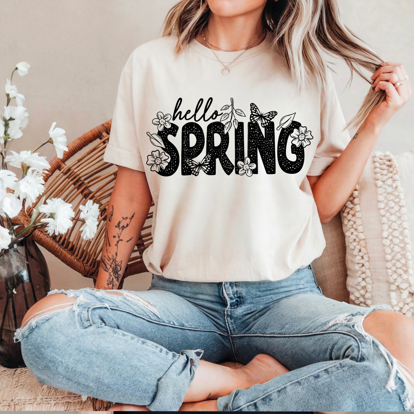 Black Hello Spring DTF Transfer