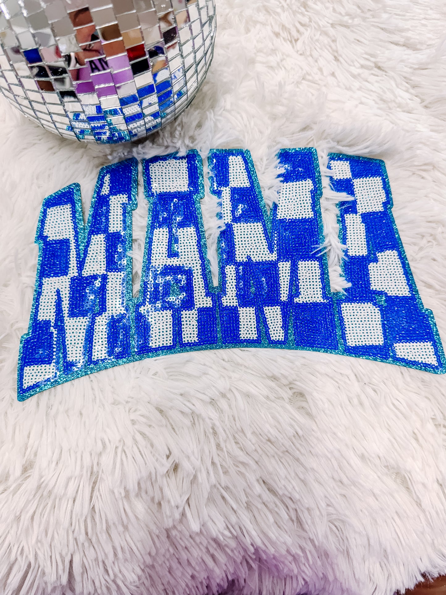 Blue Checkered Mama Sequin Chenille Patch