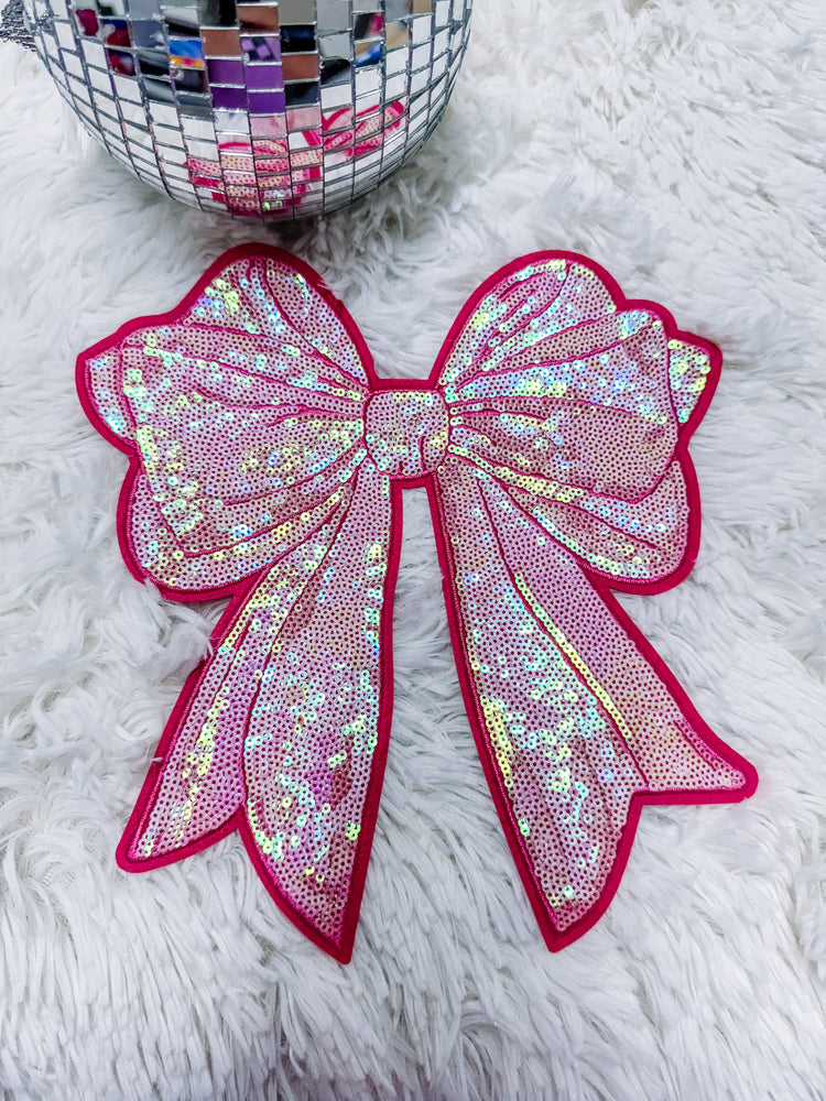 Preppy Pink Holographic Sequin Bow Chenille Patch