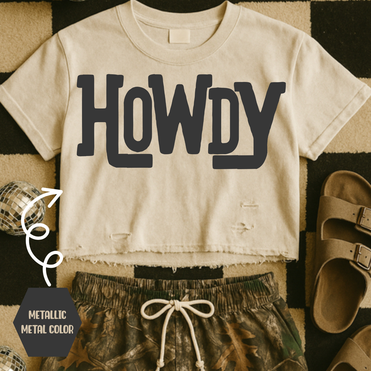 Howdy Distressed Metallic Western Single Color Screen Print Transfer