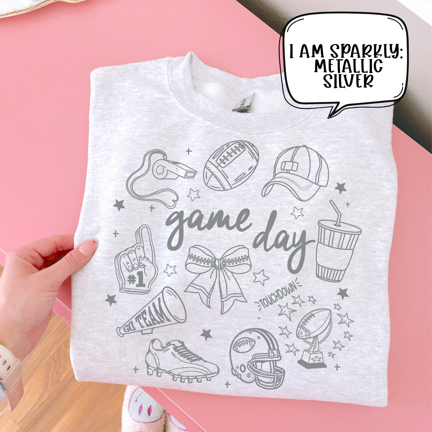 Game Day Football Metallic Silver Single Color Screen Print Transfer