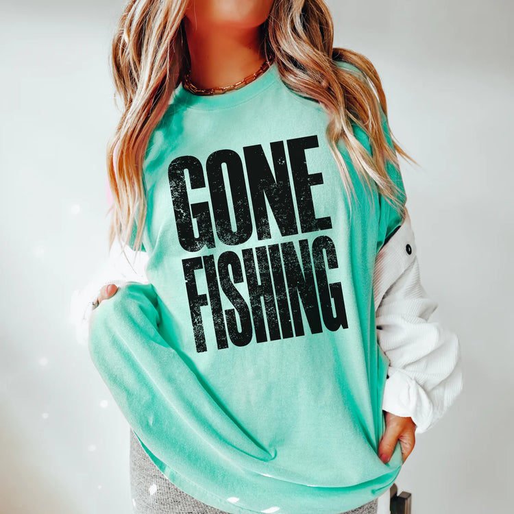 Gone Fishing Distressed, Black DTF Transfer