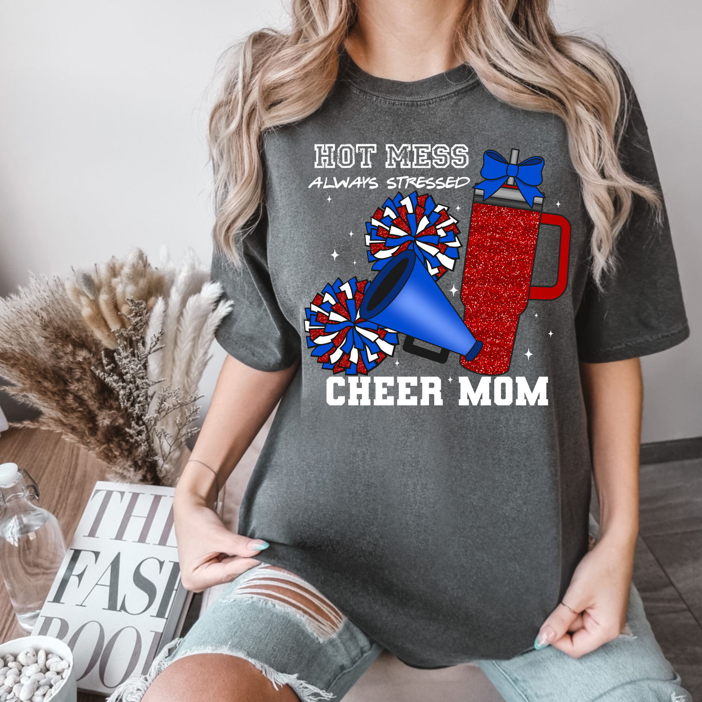 Hot Mess Race Cheer Mom Red/Blue White Text DTF Transfer