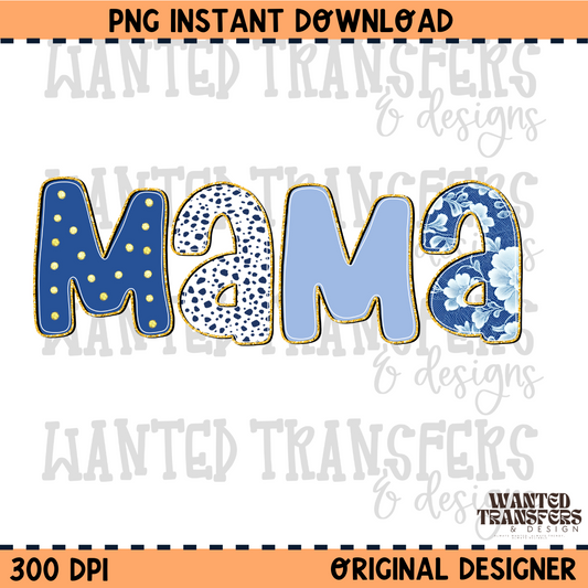 Blue Toile Glitter Mama PNG Digital Download