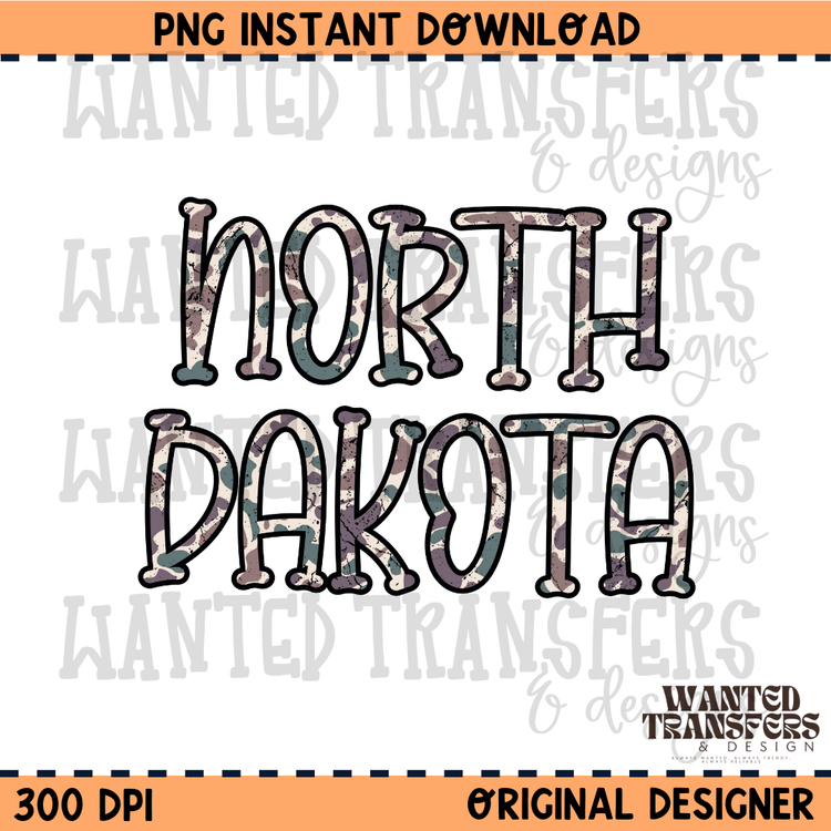 Camo State North Dakota PNG Digital Download