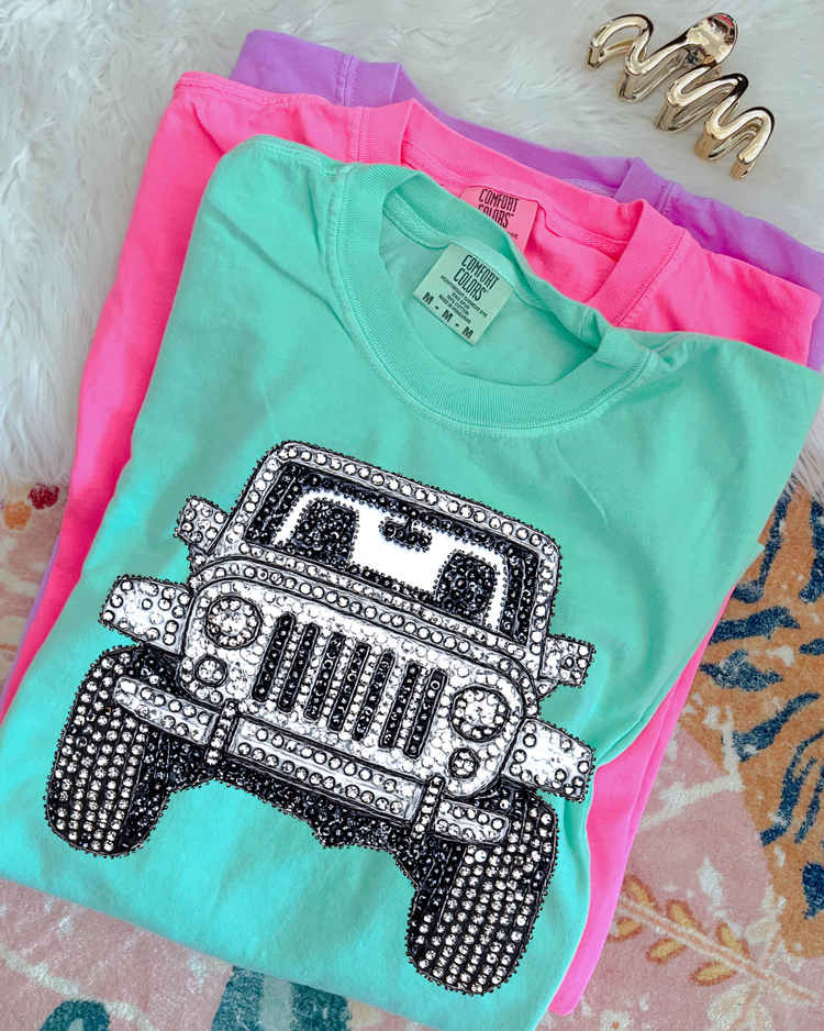 Faux Rhinestone Silver Jeep DTF Transfer