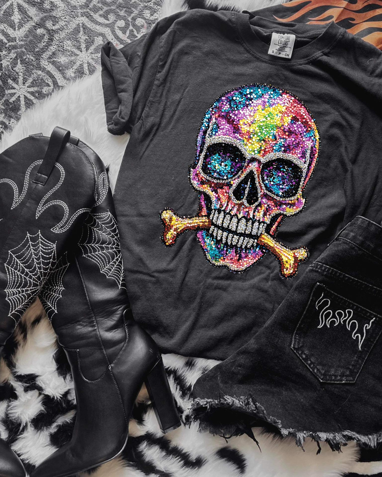 Faux Rhinestone Skull With Bone DTF Transfer