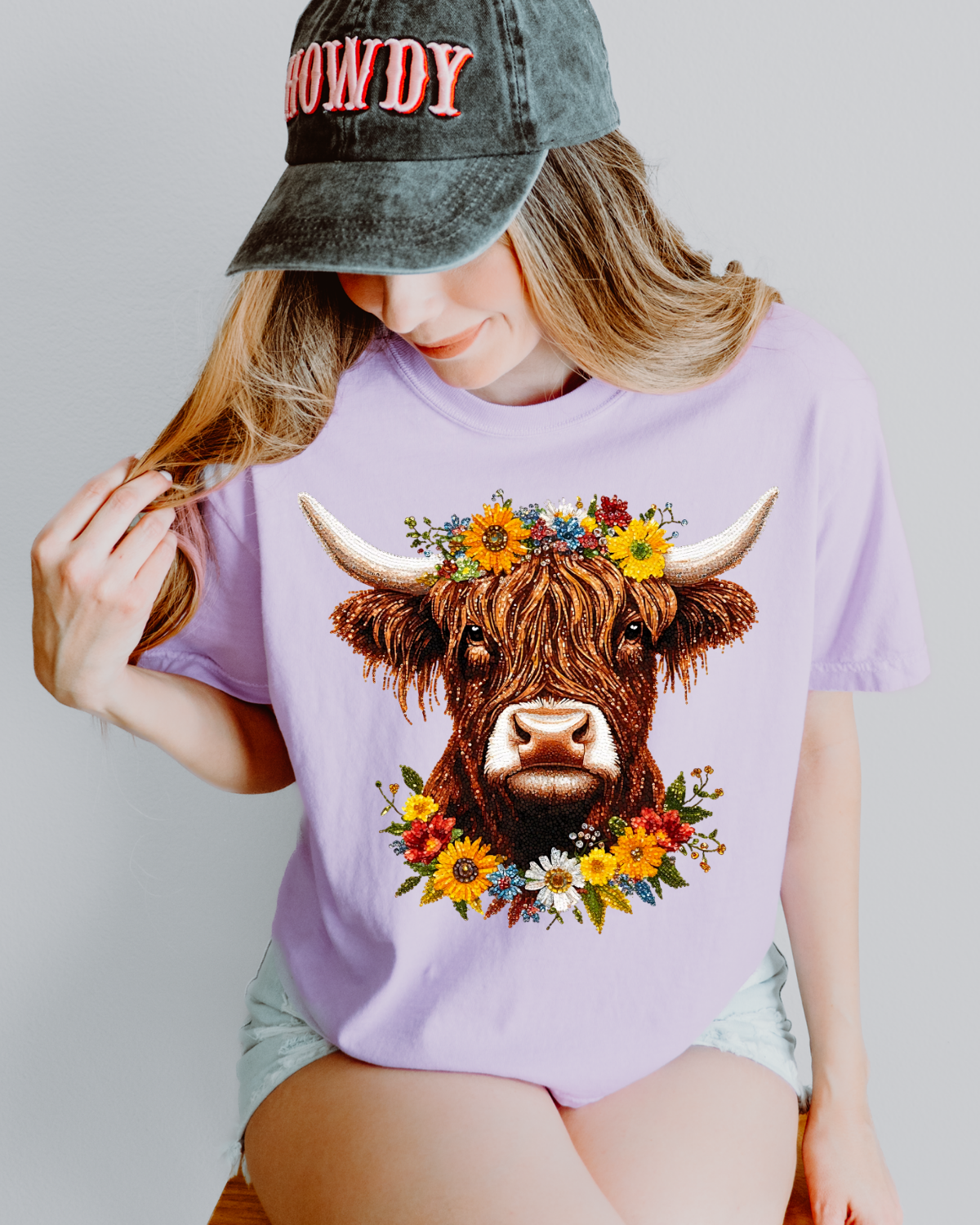 Faux Rhinestone Spring Highland Cow DTF Transfer