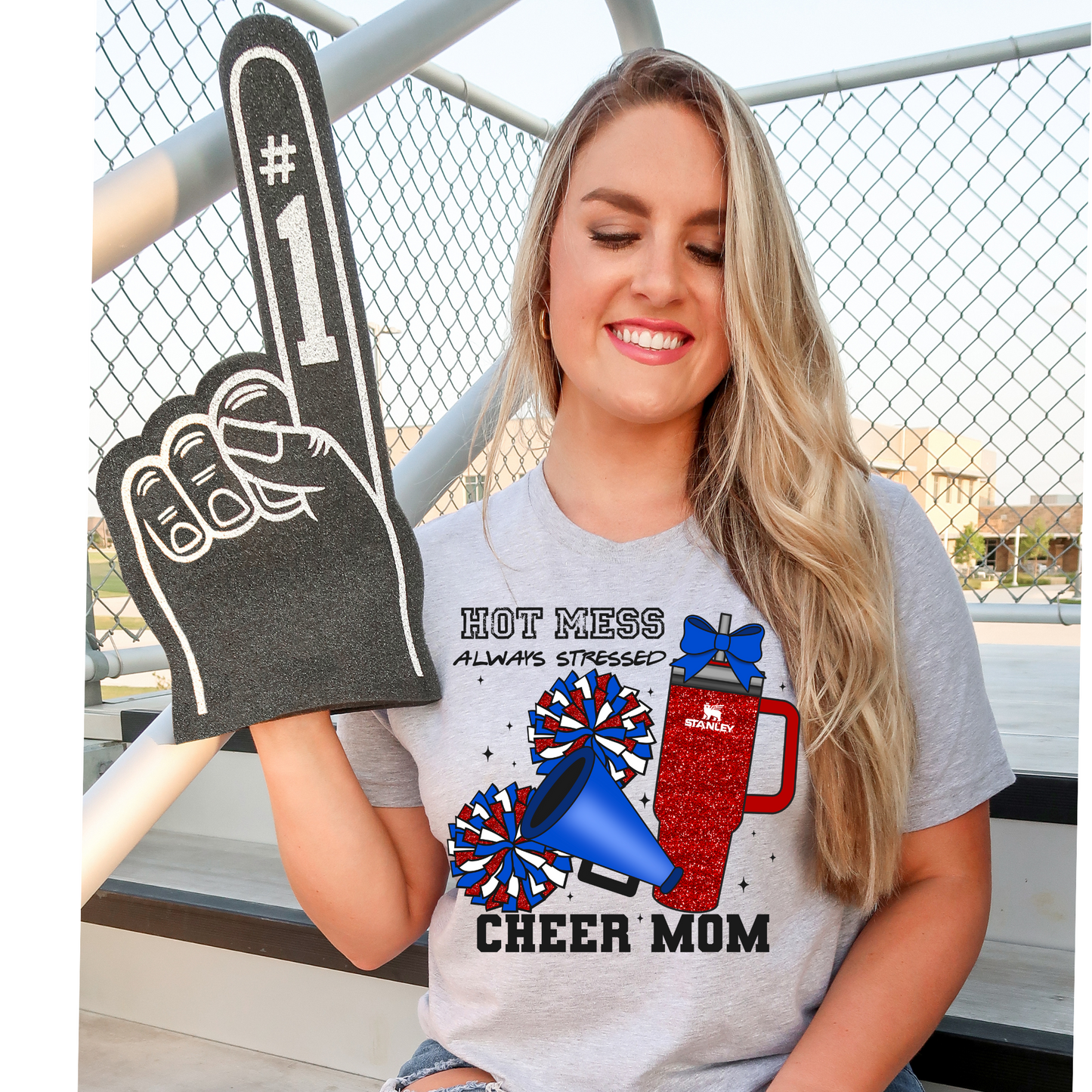 Hot Mess Race Cheer Mom Red/Blue Black Text DTF Transfer