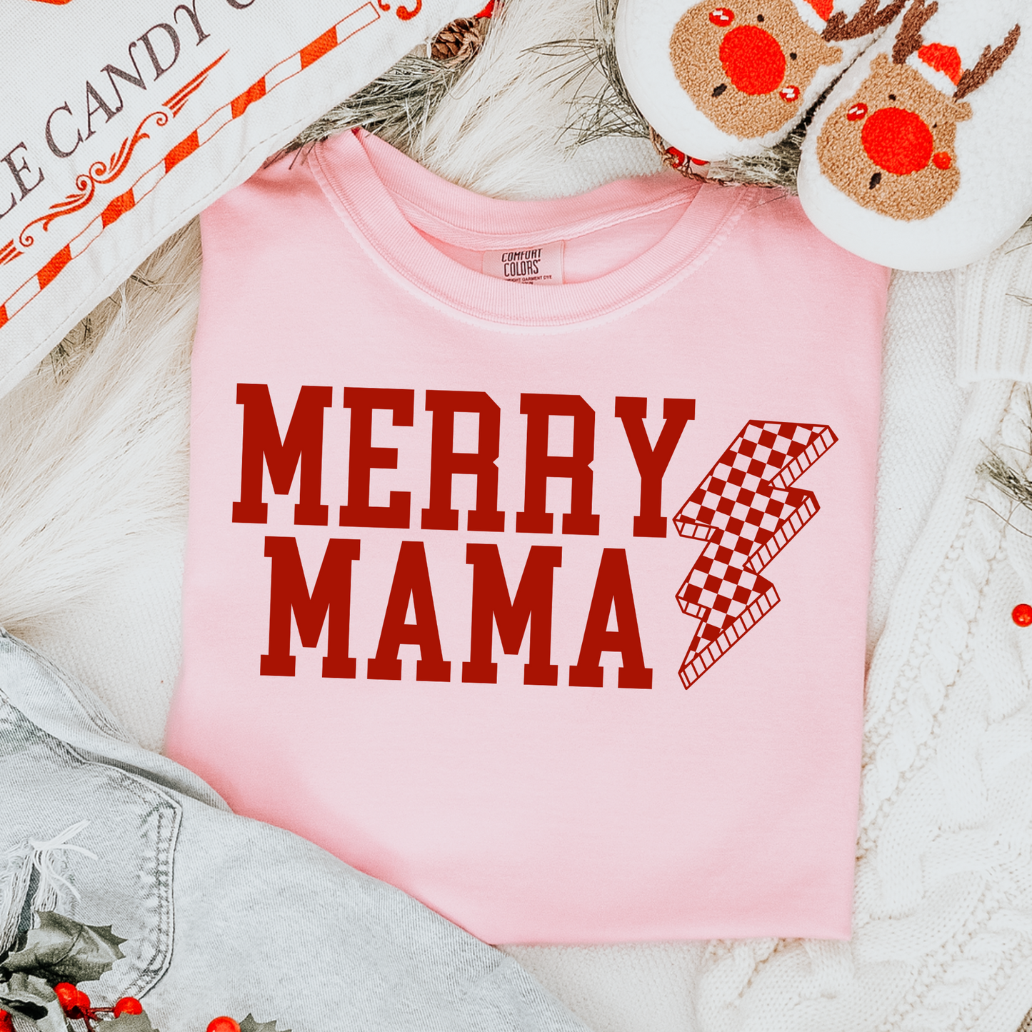 Merry Mama Red Checkered Lightening Bolt Christmas DTF Transfer