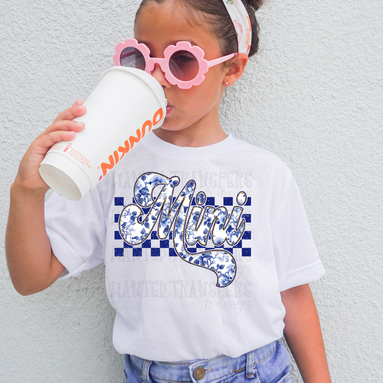 Checkered Blue Floral Mini DTF Transfer
