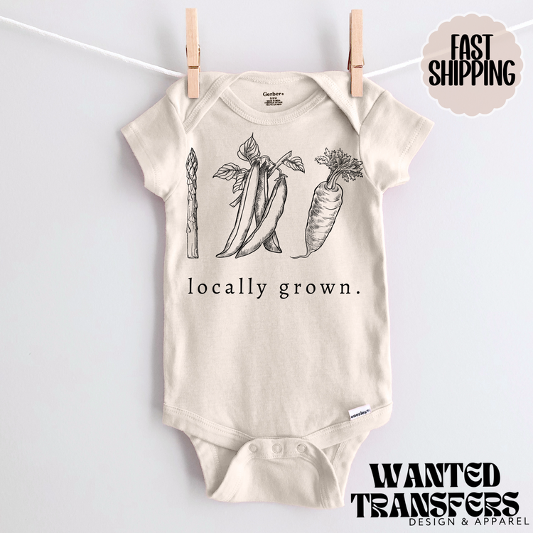 Locally Grown Vegetable Pregnancy Announcement Onesie®, New Baby Bodysuit, Reveal Pregnancy Announcement, Cute, Trendy Bodysuit