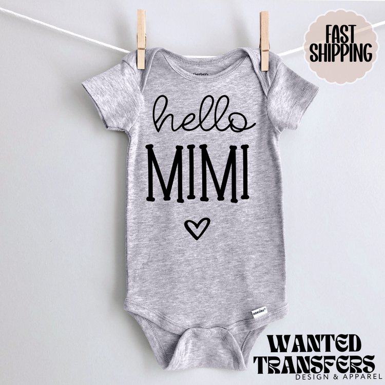 Hello Mimi Pregnancy Announcement Onesie®, Grandparents Baby Bodysuit, Reveal Pregnancy Announcement, Cute, Trendy Mimi Bodysuit