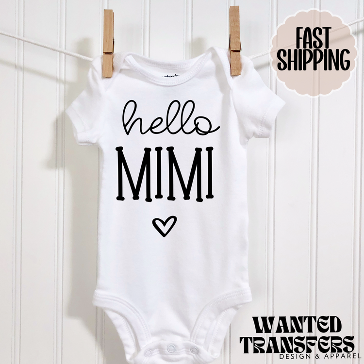 Hello Mimi Pregnancy Announcement Onesie®, Grandparents Baby Bodysuit, Reveal Pregnancy Announcement, Cute, Trendy Mimi Bodysuit