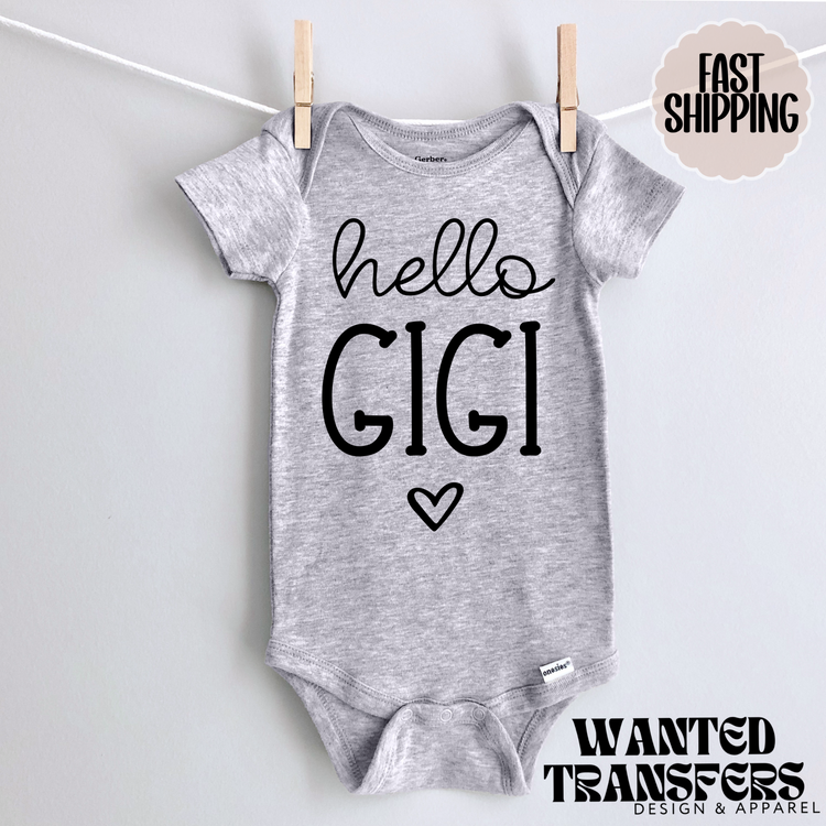 Hello Gigi Pregnancy Announcement Onesie®, Grandparents Baby Bodysuit, Reveal Pregnancy Announcement, Cute, Trendy Gigi Bodysuit