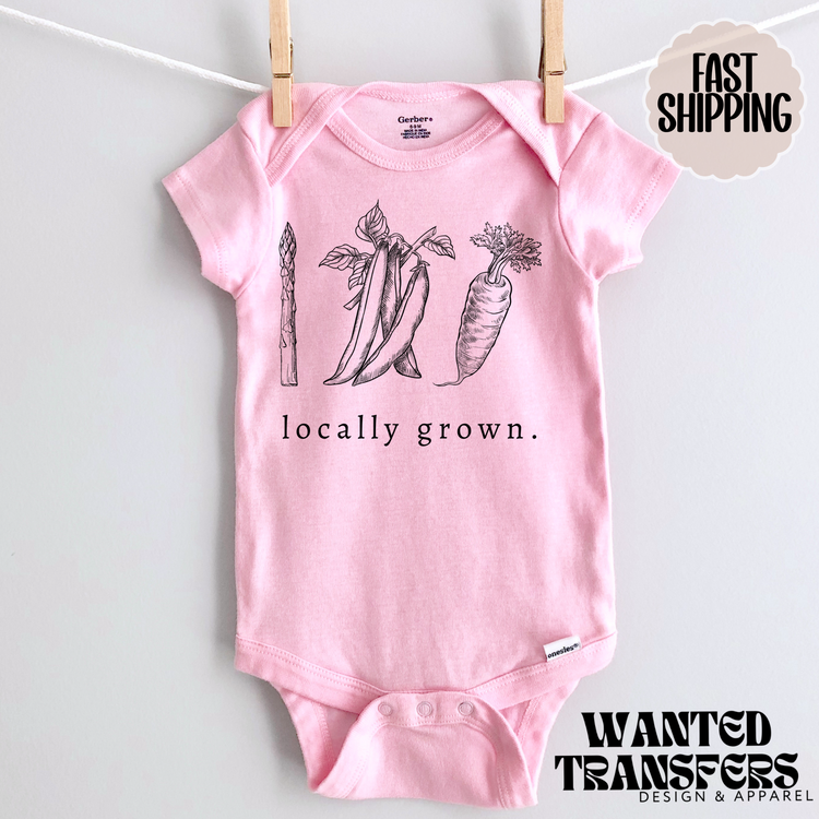 Locally Grown Vegetable Pregnancy Announcement Onesie®, New Baby Bodysuit, Reveal Pregnancy Announcement, Cute, Trendy Bodysuit