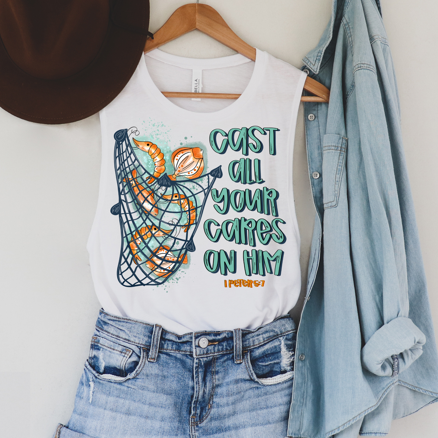 Cast All Your Cares on Him Shrimp Fishing Faith DTF Transfer
