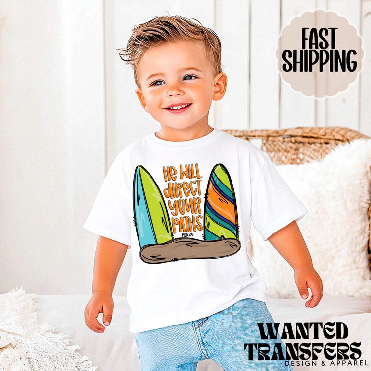 He Will Direct Your Path Surfing, Trendy Summer Kids Graphic Tee, Unisex, Grunge, Western, Christian, Trendy Kids Tee, Everyday Tee