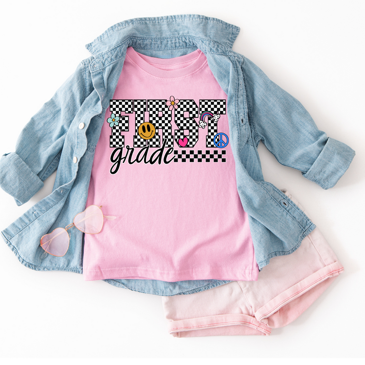 Retro Checkered First Grade Back to School DTF Transfer