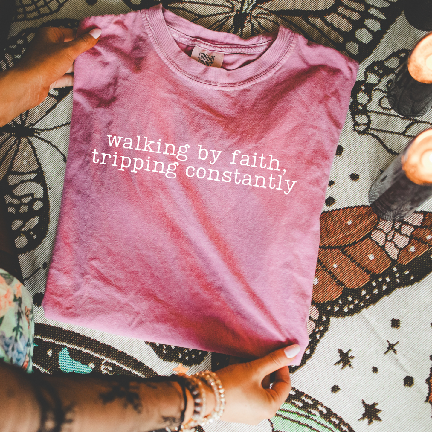 Walking by Faith, Tripping Constantly Faith Single Color Screen Print Transfer