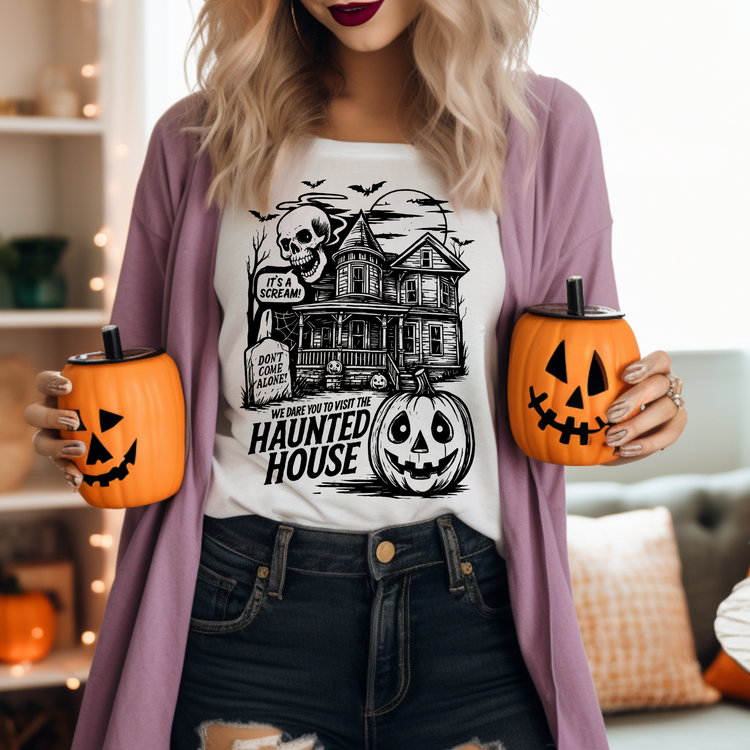 Haunted House Halloween Single Color Screen Print Transfer