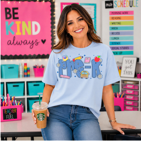 Pre-K Blue Gingham Plaid Back to School DTF Transfer