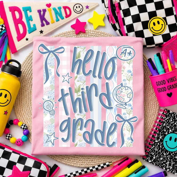 Blue Retro Hello Third Grade Back to School DTF Transfer