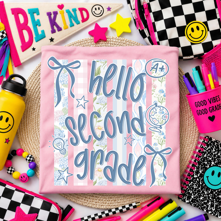 Blue Retro Hello Second Grade Back to School DTF Transfer