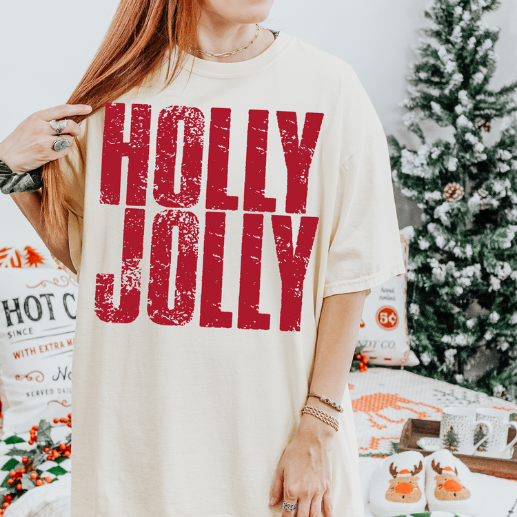 Holly Jolly Red Christmas Single Color Screen Print Transfer