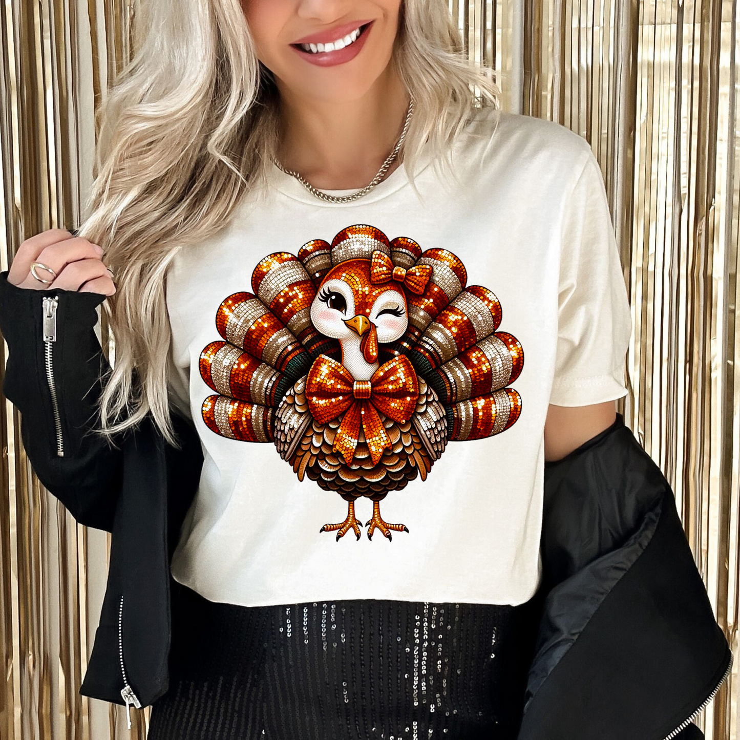Winking Turkey Thanksgiving Sequin DTF Transfer
