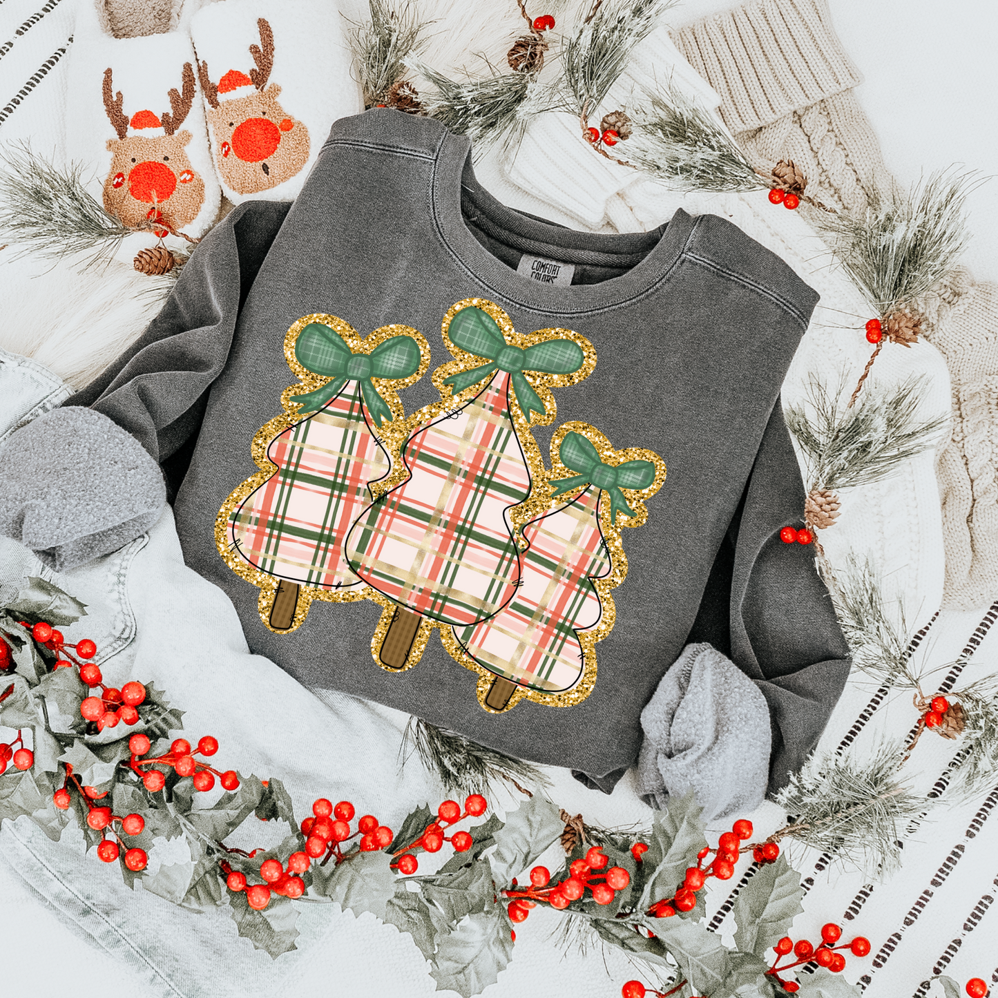 Gingham Christmas Trees w/Glitter Clear Film Screen Print Transfer