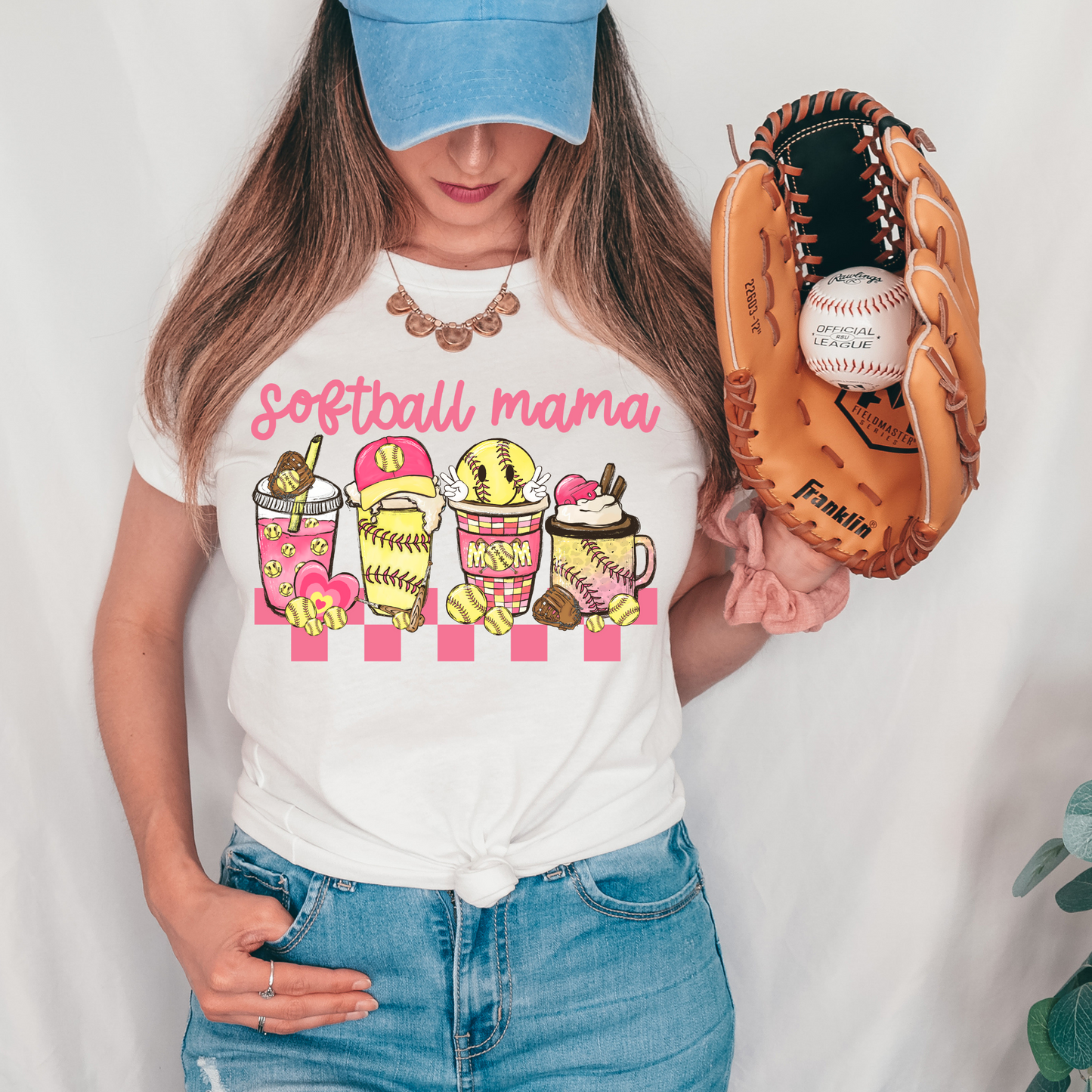Pink Softball Mama Checkered Snacks Variation DTF Transfer