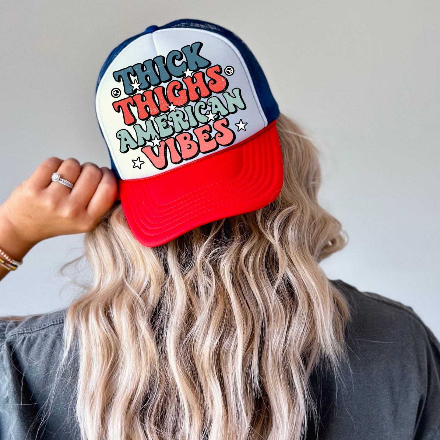 Thick Thighs American Vibes DTF Transfer for Trucker Hat