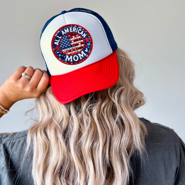 All American Mom Faux Embroidery DTF Transfer for Hat (NOT A PATCH)
