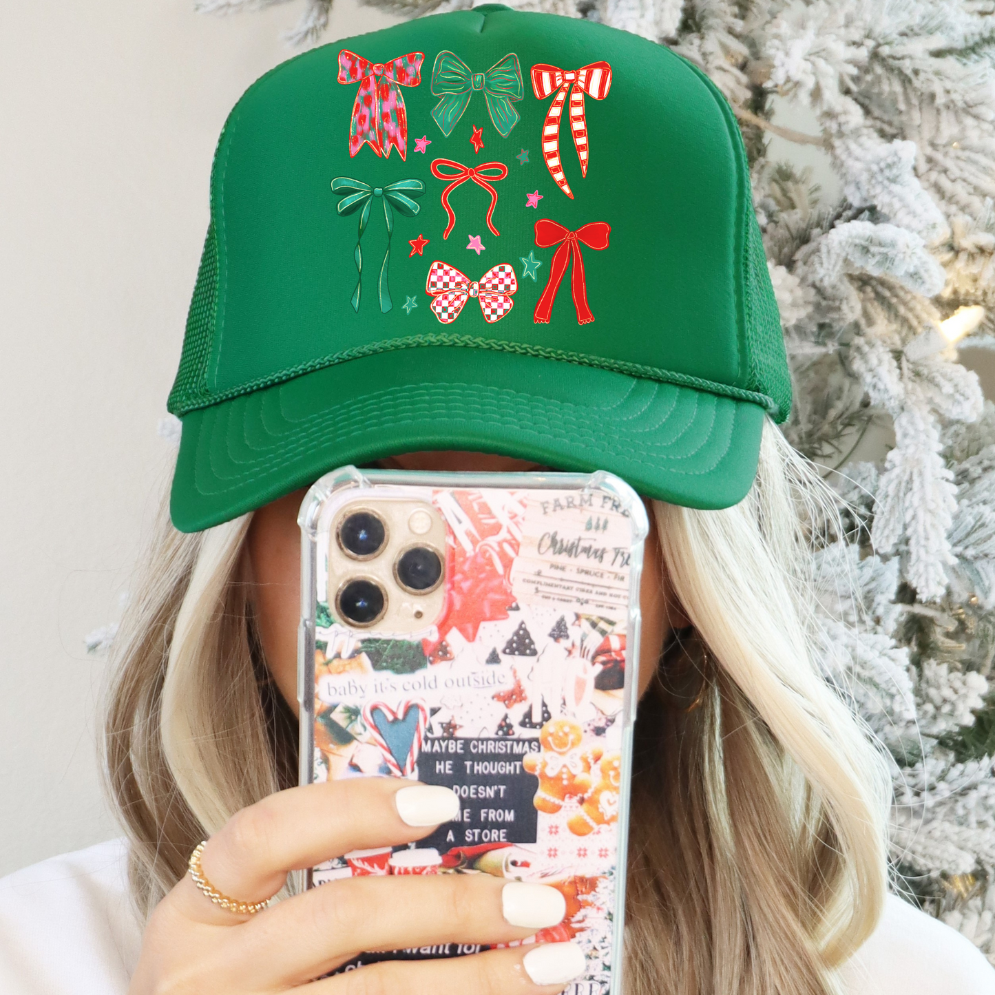 Christmas Coquette Bows Trucker Hat/Oversized Pocket Clear Film Screen Print Transfer