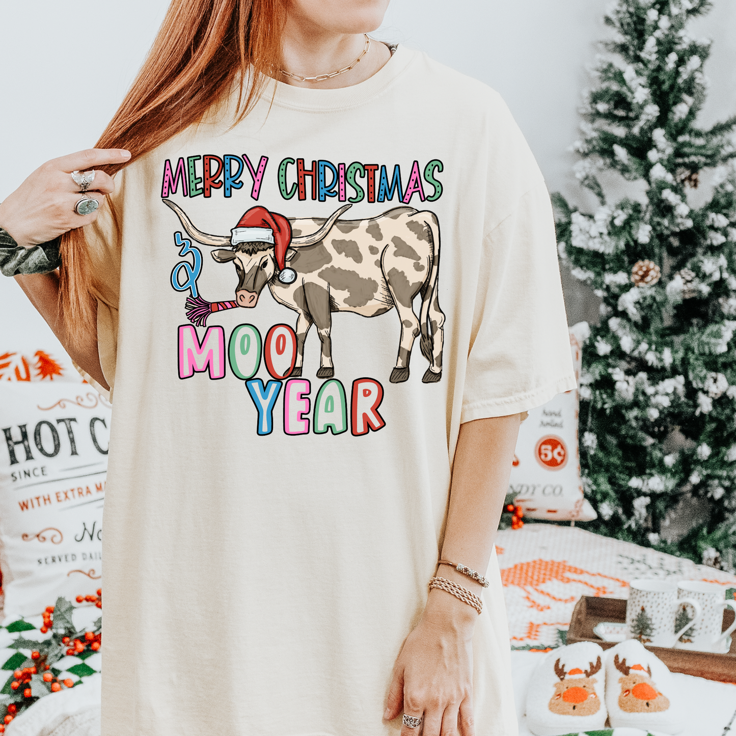 Merry Christmas & Happy Moo Year Neutral Rainbow DTF Transfer