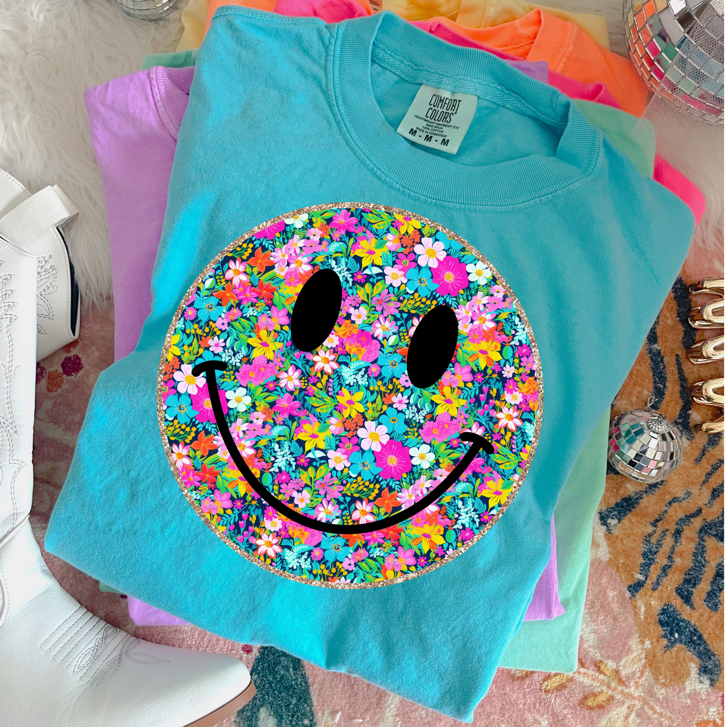 Floral Glitter Framed Happiness DTF Transfer