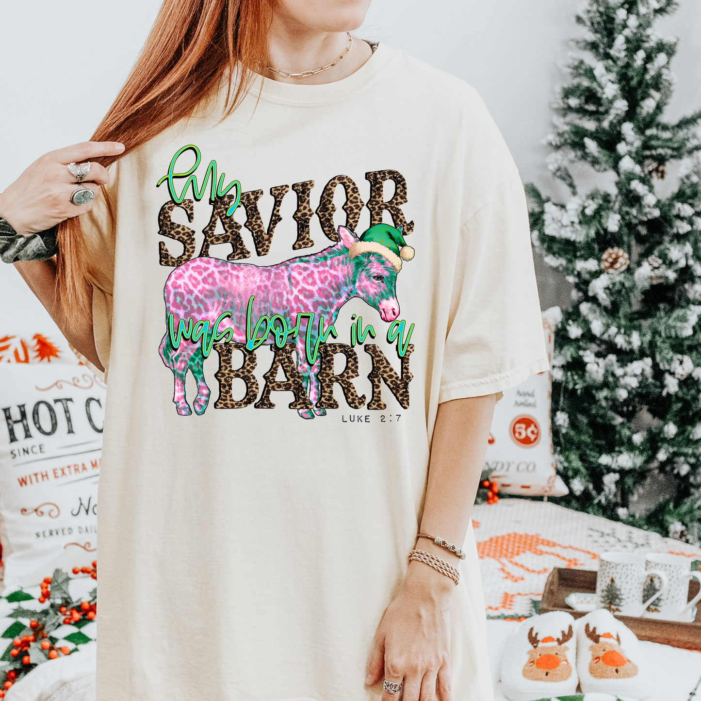 Savior Born in a Barn Pink Christmas DTF Transfer