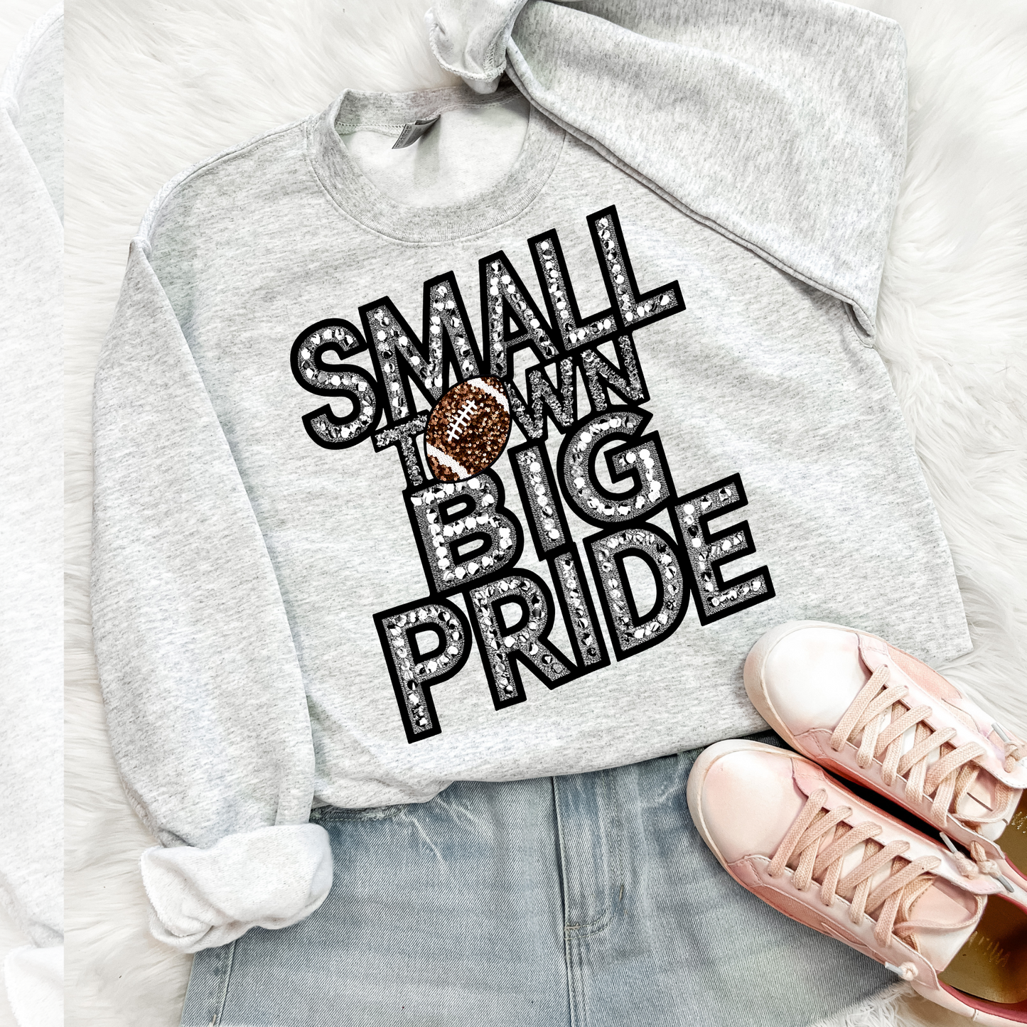 Small Town, Big Pride Football Faux Rhinestone DTF Transfer