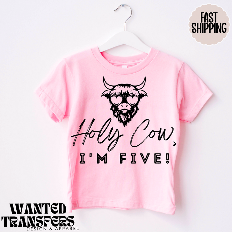 Holy Cow, I'm Five Heart Glasses Highland Cow, Western Birthday Tee, Holy Cow, 5th, Fifth Birthday, Unisex, Girls or Boys, Cowboy Birthday, Rodeo Birthday, Highland Cow