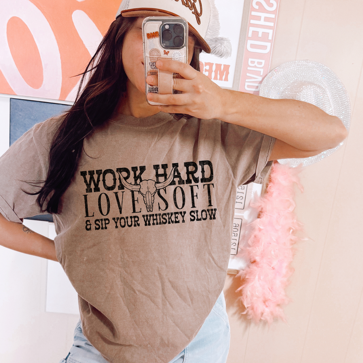 Work Hard, Love Soft Black Font Western DTF Transfer