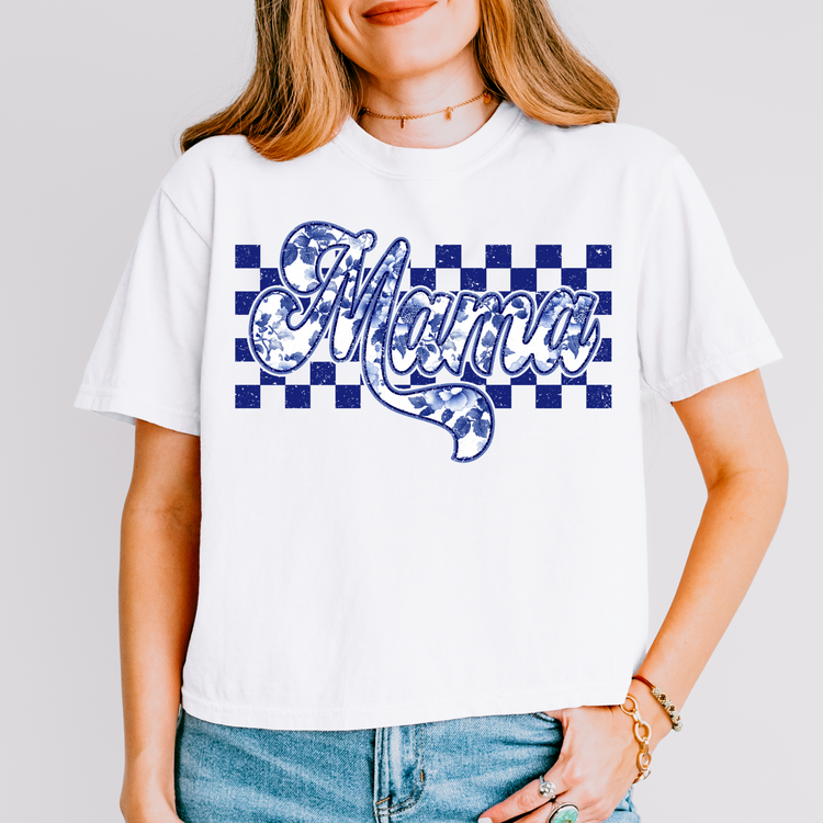 Checkered Blue Floral Mama DTF Transfer